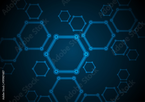 Dark blue abstract hexagon molecules tech background