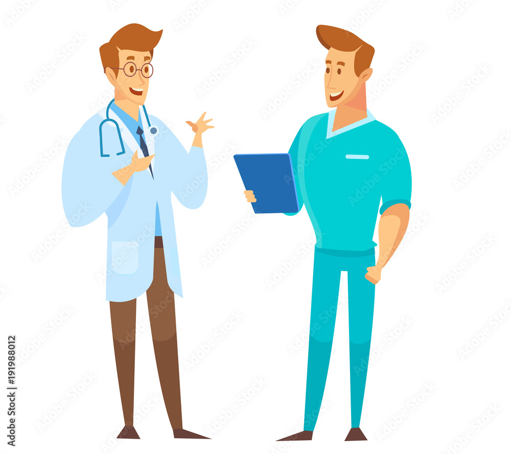 Male Doctors talking to each other. Discussion, exchange of ideas. Team of medical workers on a white background. Hospital. Vector flat cartoon illustration. Male Doctors talking to each other. Discussion, exchange of ideas. Team of medical workers on a white background. Hospital. Vector flat cartoon illustration.