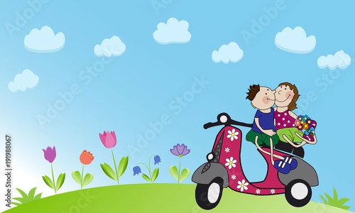 Pareja en moto scooter en el campo