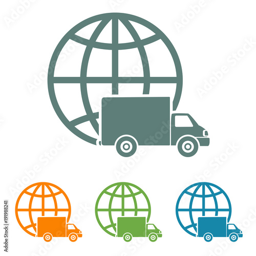 Icono plano esfera mundo con camion en varios colores