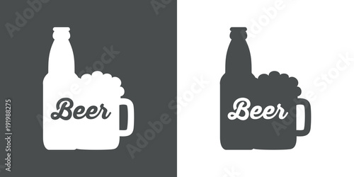 Icono plano Beer en jarra y botella en gris y blanco