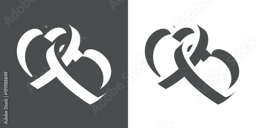 Icono plano corazones enlazados espacio negativo en gris y blanco