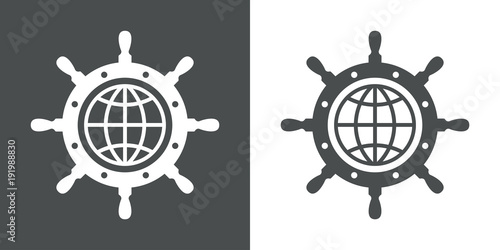 Icono plano esfera mundo en timon en gris y blanco