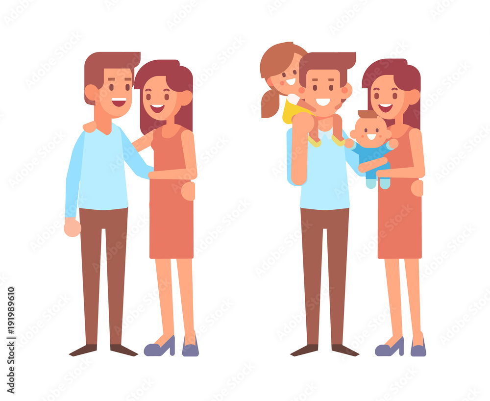 Vector set of characters in a flat style. Happy parents with children. Cartoon  vector illustration.