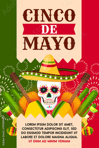 Mexican Cinco de Mayo card with skull in sombrero