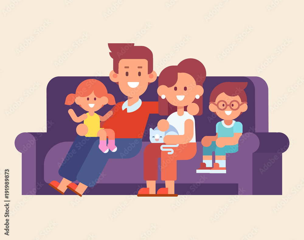Happy family mom, dad and kids sitting on the couch at home. Vector illustration in a flat style. Simple shapes, easy to edit. Happy family mom, dad and kids sitting on the couch at home. Vector illustration in a flat style. Simple shapes, easy to edit.