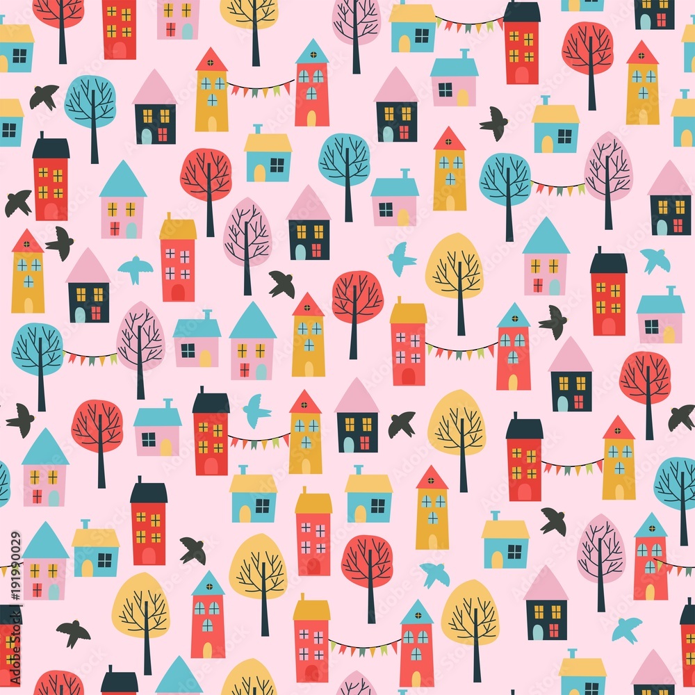 Seamless vector pattern with cute cartoon houses. Kids background.