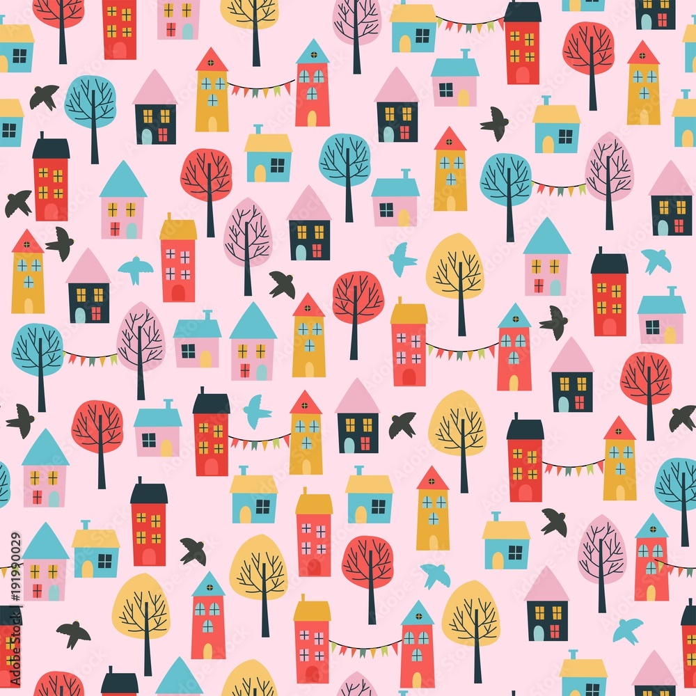 Seamless vector pattern with cute cartoon houses. Kids background. Seamless vector pattern with cute cartoon houses. Kids background.