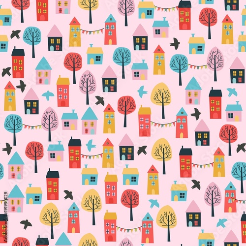 Seamless vector pattern with cute cartoon houses. Kids background.