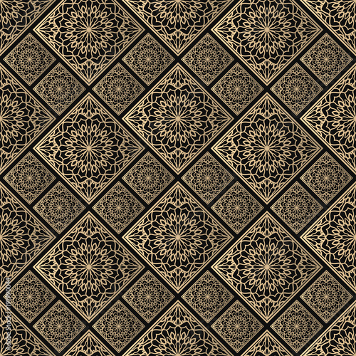Seamless pattern oriental ornament. Black and golden textile print. Islamic vector design. Floral tiles.