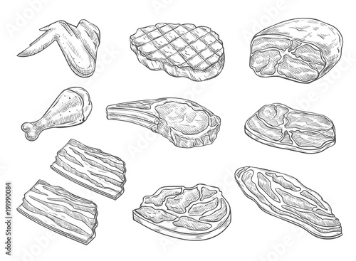 Vector sketch butchery meat chicken icons