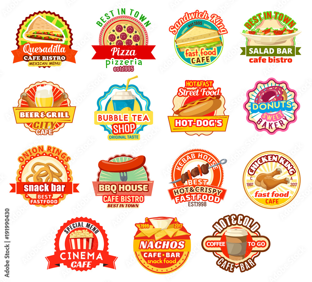 Vector fast food restaurant or fastfood cafe icons