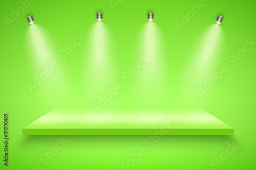 Light box with yellow platform on yellow backdrop with four spotlights. Editable Background Vector illustration.