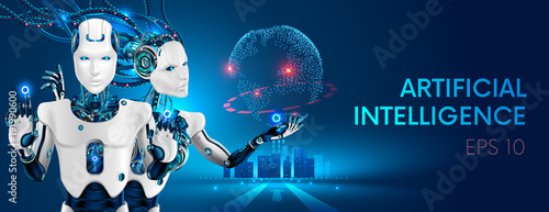 Robots man and woman with artificial intelligence working with virtual interface in cybernetic reality. Machine, learning. AI control global business process. Futuristic 3d vector illustration concept
