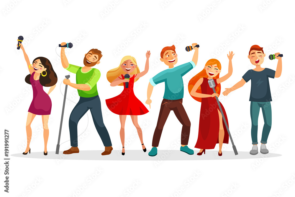 Group Of Young People Singing And Dancing With Microphones Vector Group Of Young People Singing And Dancing With Microphones Vector