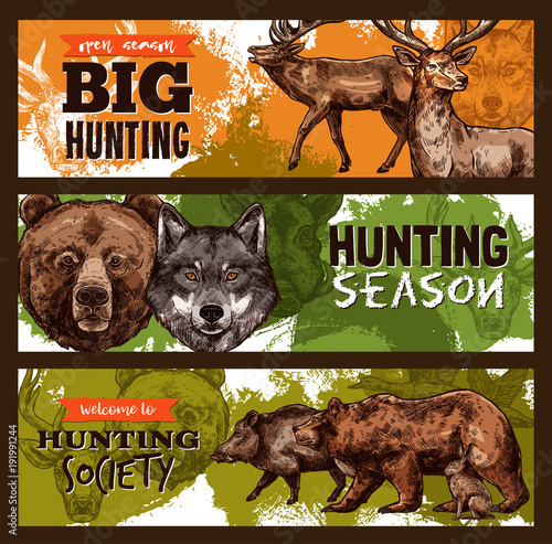 Vector sketch banner for wild animals hunting club