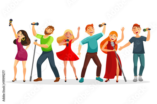 Group of young people singing and dancing with microphones vector illustration in flat design. People collection isolated on white background. Youth in karaoke have fun.