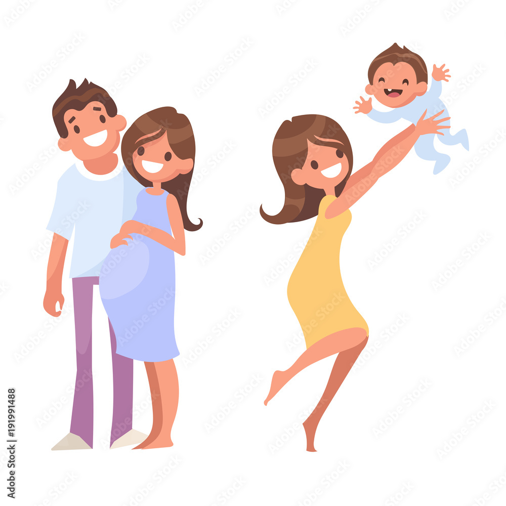Set of vector cartoon characters. Vector illustration in a flat style. Pregnant Women, birth of children. Set of vector cartoon characters. Vector illustration in a flat style. Pregnant Women, birth of children.