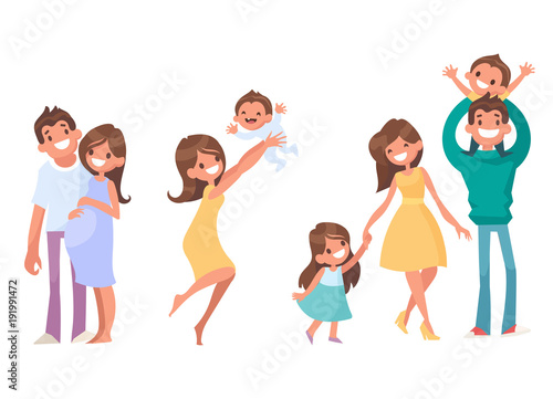 	 Set of vector cartoon characters. Vector illustration in a flat style. The stages of development of the family. Pregnant Women, birth of children. Father keep son in his arms. 