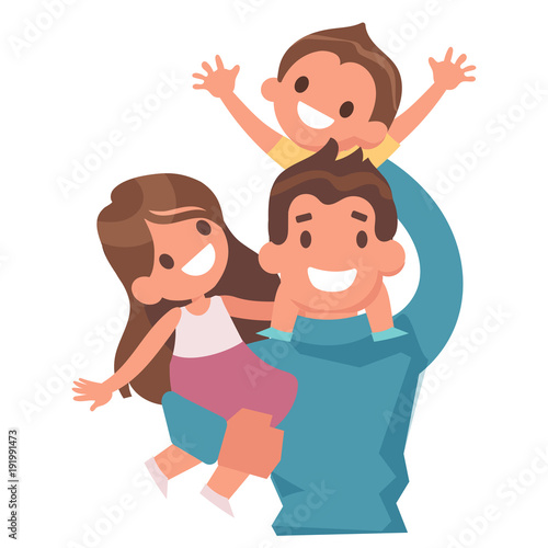 Cartoon young father playing with kids, isolated on white background. Happy family portrait.  Vector set of characters in a flat style.