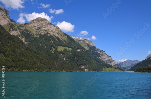 Turquoise lake Klontalersee in summer. Landscape in Glarus canton. © u.perreten
