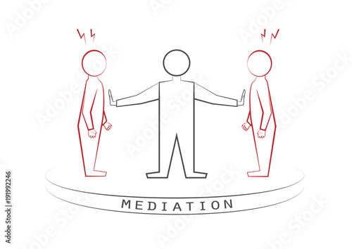 mediator and two arguing persons isolated on the white background, a front view, vector illustration, horizontal