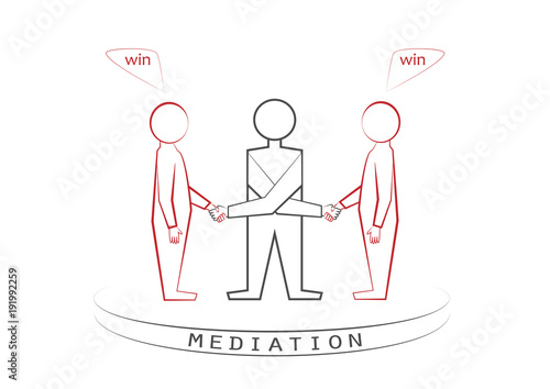 mediator and two persons handshaking isolated on the white background, winner - winner principle, win - win, front view, vector illustration, horizontal