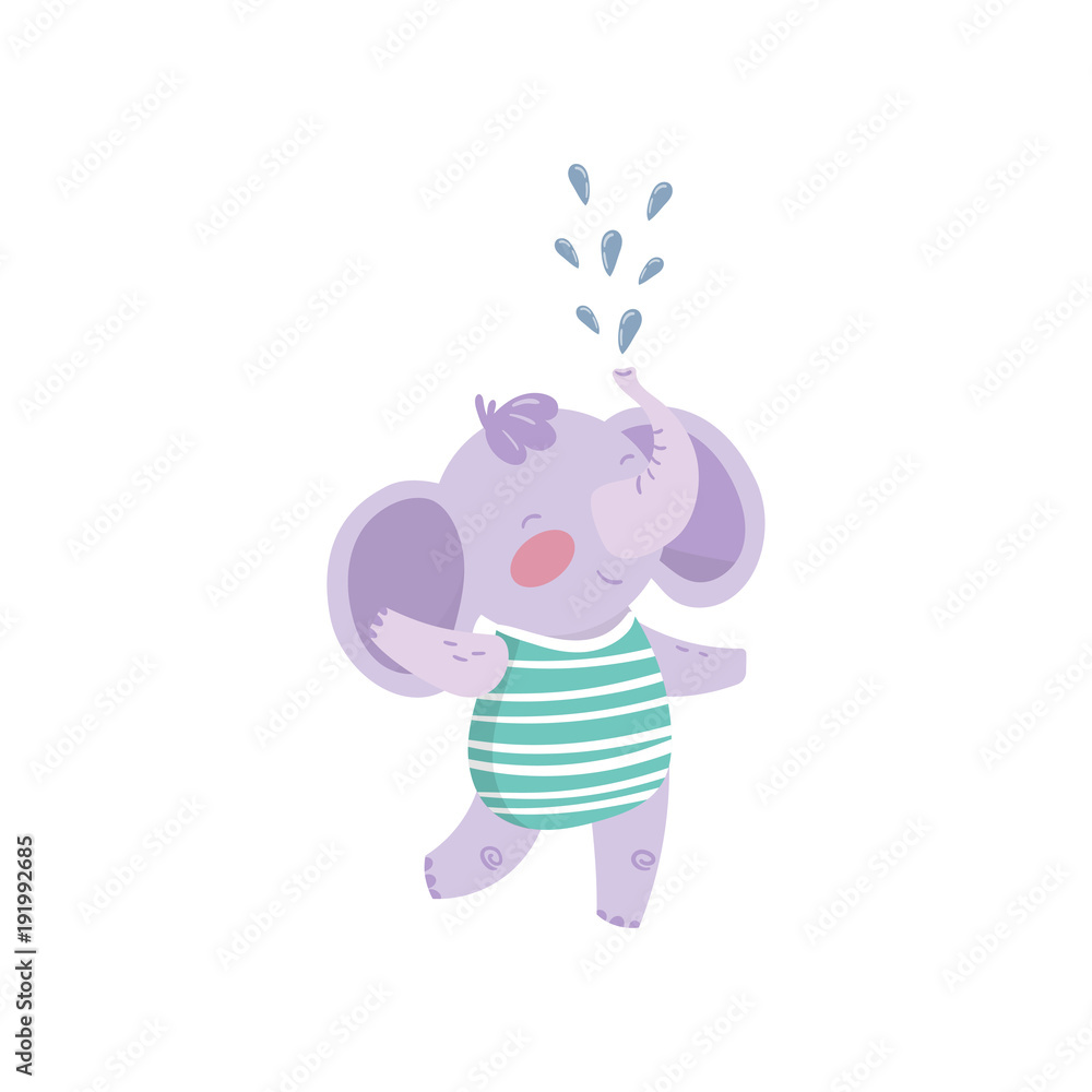 Funny purple elephant standing and spraying water with his trunk. Cute  humanized animal with big ears dressed in striped swimming suit. Cartoon  flat vector design Stock Vector | Adobe Stock