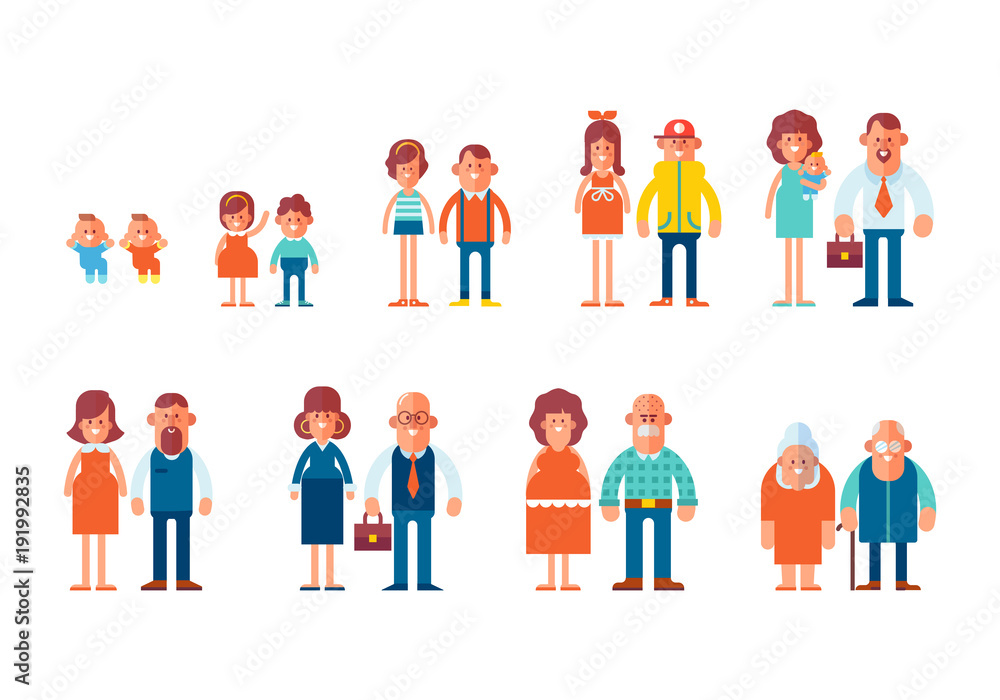 Set of characters in a flat style. Men and women characters, the cycle of life, growing up. From infant to grandparents. Vector characters are good for animation.