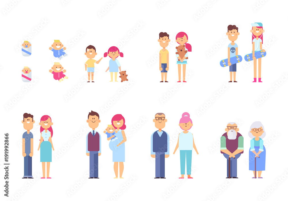 Set of characters in a flat style. Men and women characters, the cycle of life, growing up. From infant to grandparents. Vector characters are good for animation.