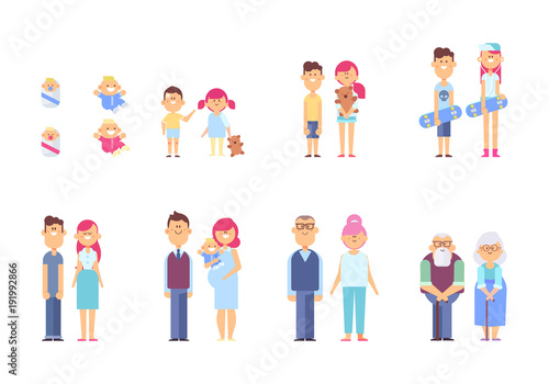 Set of characters in a flat style. Men and women characters  the cycle of life  growing up. From infant to grandparents. Vector characters are good for animation.