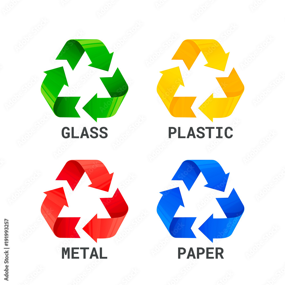 Different colored recycle waste signs. Waste types segregation