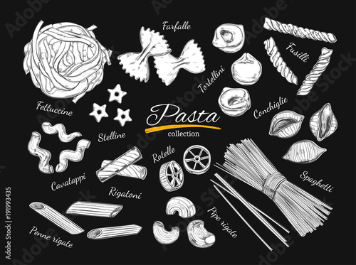 Italian Pasta set. Different types of pasta. Vector hand drawn illustration. Isolated objects on white.