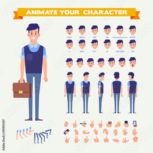 Front, side, back view animated character. Manager character constructor with various views, hairstyles, face emotions, poses and gestures. Cartoon style, flat vector illustration.