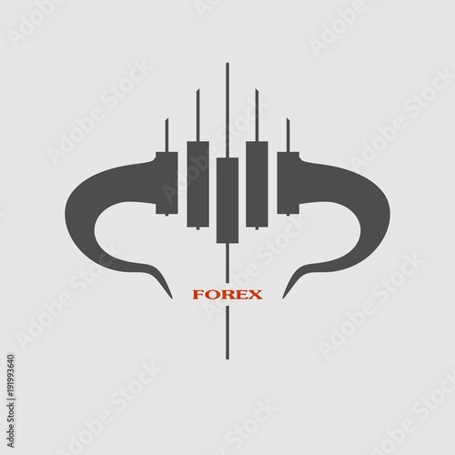 Logo candlestick trading chart analyzing in forex stock market. Exchange broker emblem. Bull horns and candles