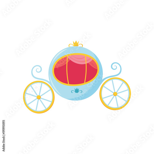 Blue medieval carriage with round-shaped cab and big wheels. Royal transport for princess or Cinderella. Cartoon flat vector design