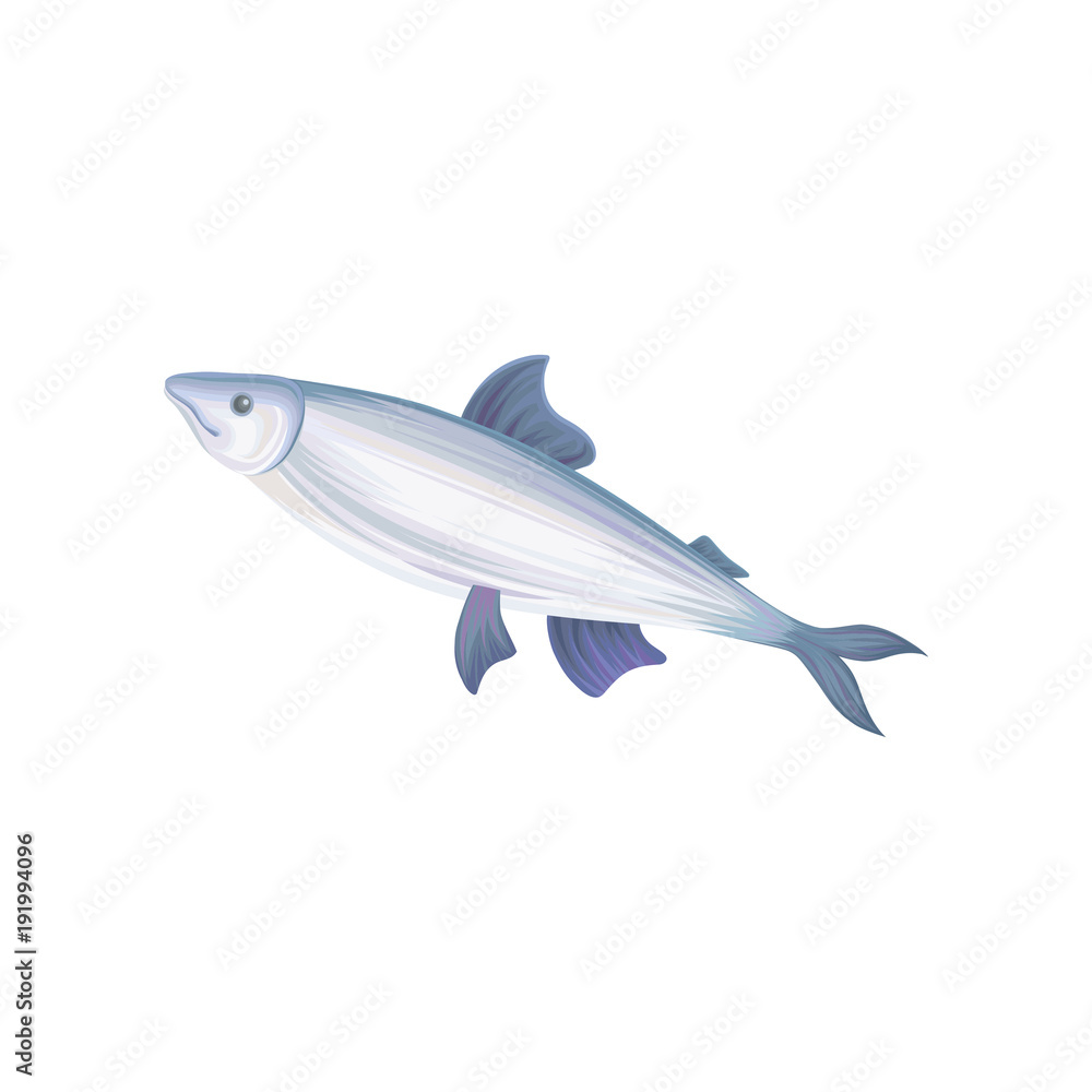 Flat vector icon of tuna fish with blue fins. Seafood concept. Healthy eating. Decorative element for restaurant menu, promotional poster or banner Flat vector icon of tuna fish with blue fins. Seafood concept. Healthy eating. Decorative element for restaurant menu, promotional poster or banner