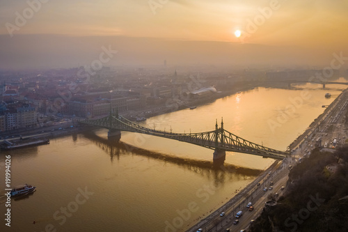 Budapest, Hungary - Aerial view of Liberty Bridge (Szabadsag Hid) over River Danube at sunrise on a beautiful winter morning