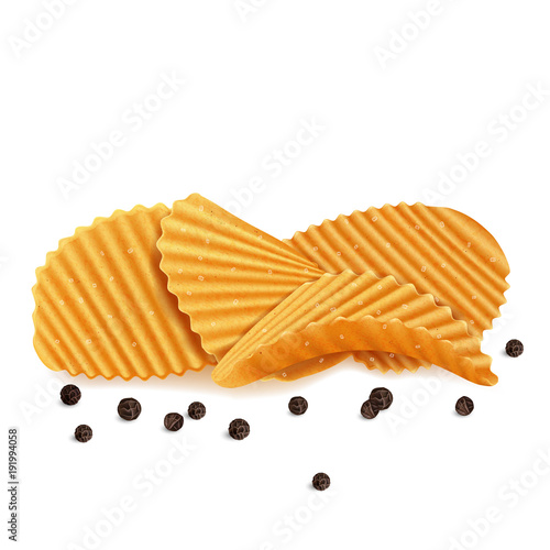 Ribbed potato chips with salt and black pepper on white background.