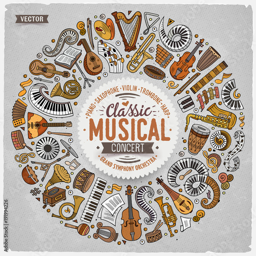 Set of vector cartoon doodle classic musical instruments and objects collected in a circle border