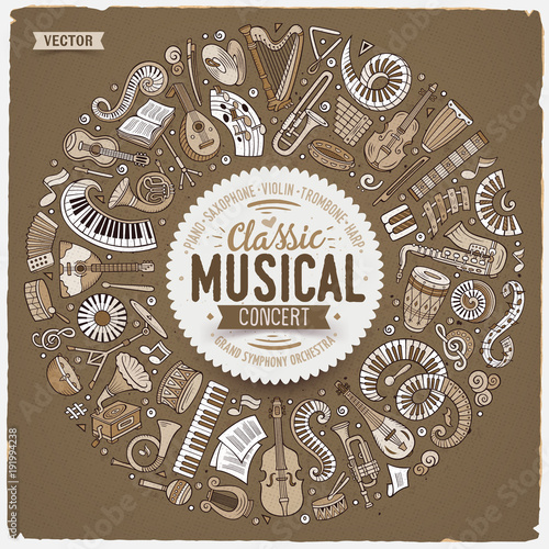 Set of vector cartoon doodle classic musical instruments and objects collected in a circle border