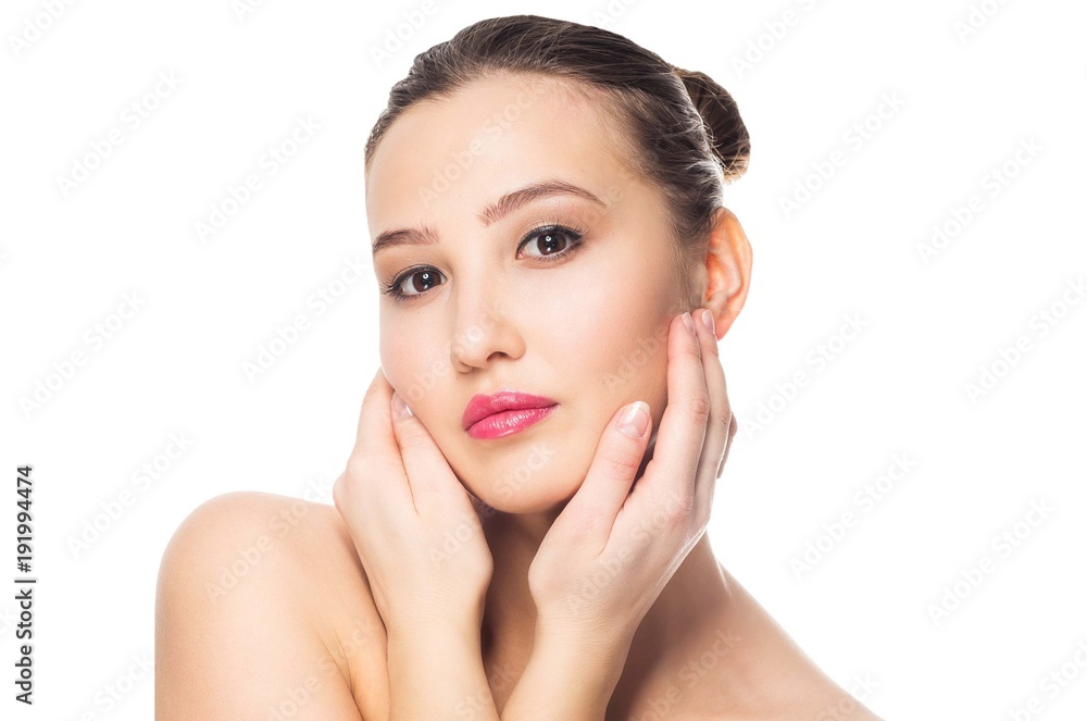 Beauty portrait. spa woman touching her face. Perfect fresh skin. Youth and Skin Care Concept Beauty portrait. spa woman touching her face. Perfect fresh skin. Youth and Skin Care Concept