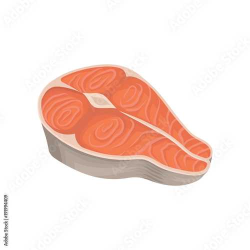 Cartoon illustration with fresh raw salmon steak. Fish fillet. Natural marine product. Concept of seafood. Design element of tin can. Flat vector icon
