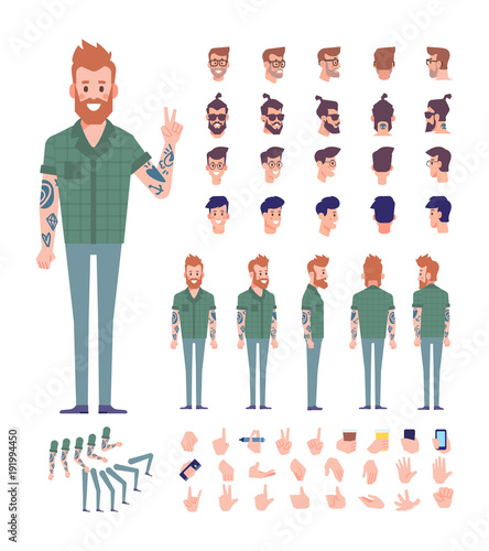 	 Front, side, back, 3/4 view animaes characters. Young guy creation set with various views, face emotions, lip sync,poses. Cartoon style, flat vector illustration.