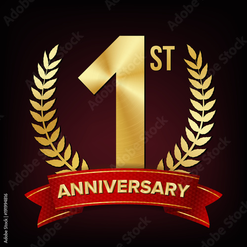 1 Anniversary Banner Vector. One Year Age, First Celebration. Shining Digit Sign. Gold Number One. Laurel Wreath. For Party Flyers, Cards Design. Illustration
