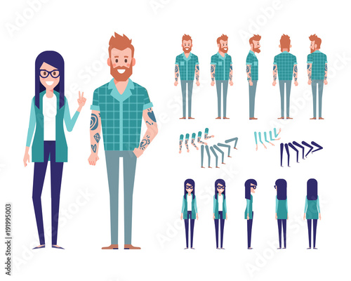 Front, side, back view animated characters. Man and woman characters creation set with various views, face emotions, poses. Cartoon style, flat vector illustration.