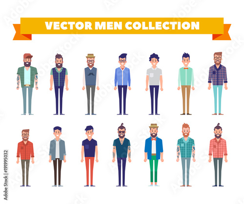 Vector People. Set of vector men with different clothes and haircuts. Bearded hipster, boy, business man, student, young guy.