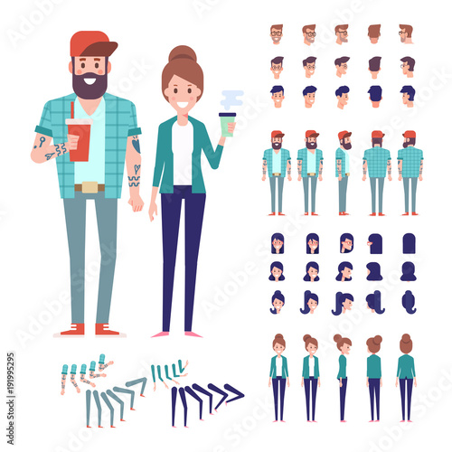Front, side, back view animated characters. Male and female characters creation set with various views, face emotions, poses. Cartoon style, flat vector illustration.