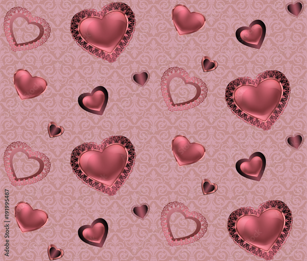 Seamless pattern with hearts and ornament on a pink and red background with flowers Romantic backgrounds with valentines