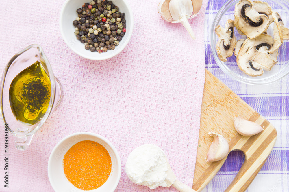 Set of raw ingredients for Italian pasta on a white background. Flour, papper, olive oil. Set of healthy food products. Closeup and top view Set of raw ingredients for Italian pasta on a white background. Flour, papper, olive oil. Set of healthy food products. Closeup and top view
